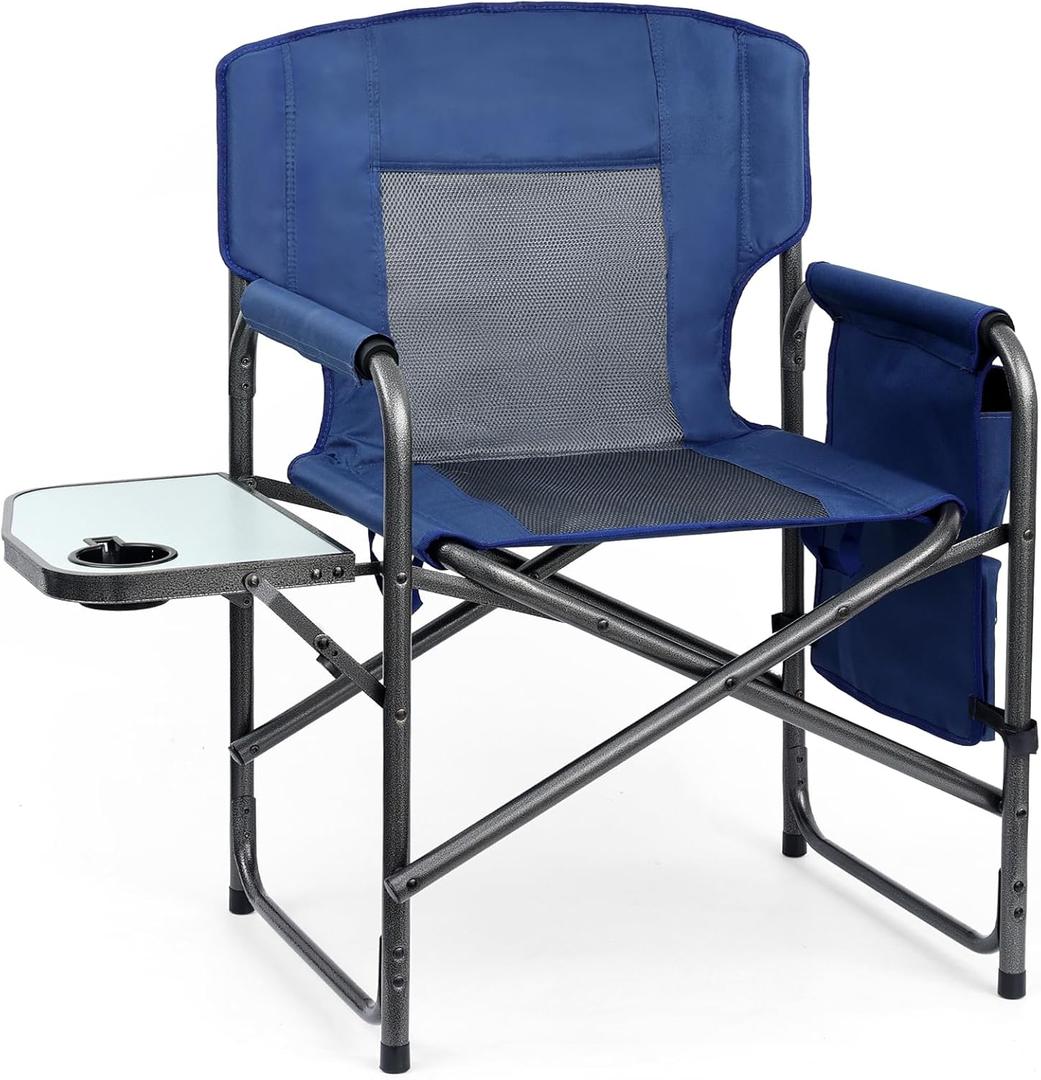 Directors Chair, Camping Chairs for Adults, Heavy Duty Side Table, Lawn Chairs with Side Pockets Carry Straps (Dark Blue/Grey)