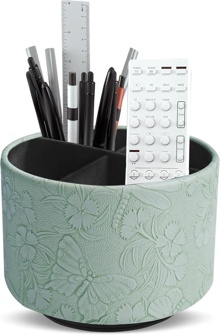 Round Leather Art Supply Organizer,Remote Control Holder,360-degree Rotating Pen Organizer with 4 Compartments(1-Butterfly Green)