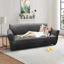 Loveseat Sofa Slipcover Leather Look Couch Covers for 2 Seater Couch Sofa 1-Piece Sofa Cover Stretch Furniture Protector with Elastic Bottom & Pockets(Loveseat, Grey)