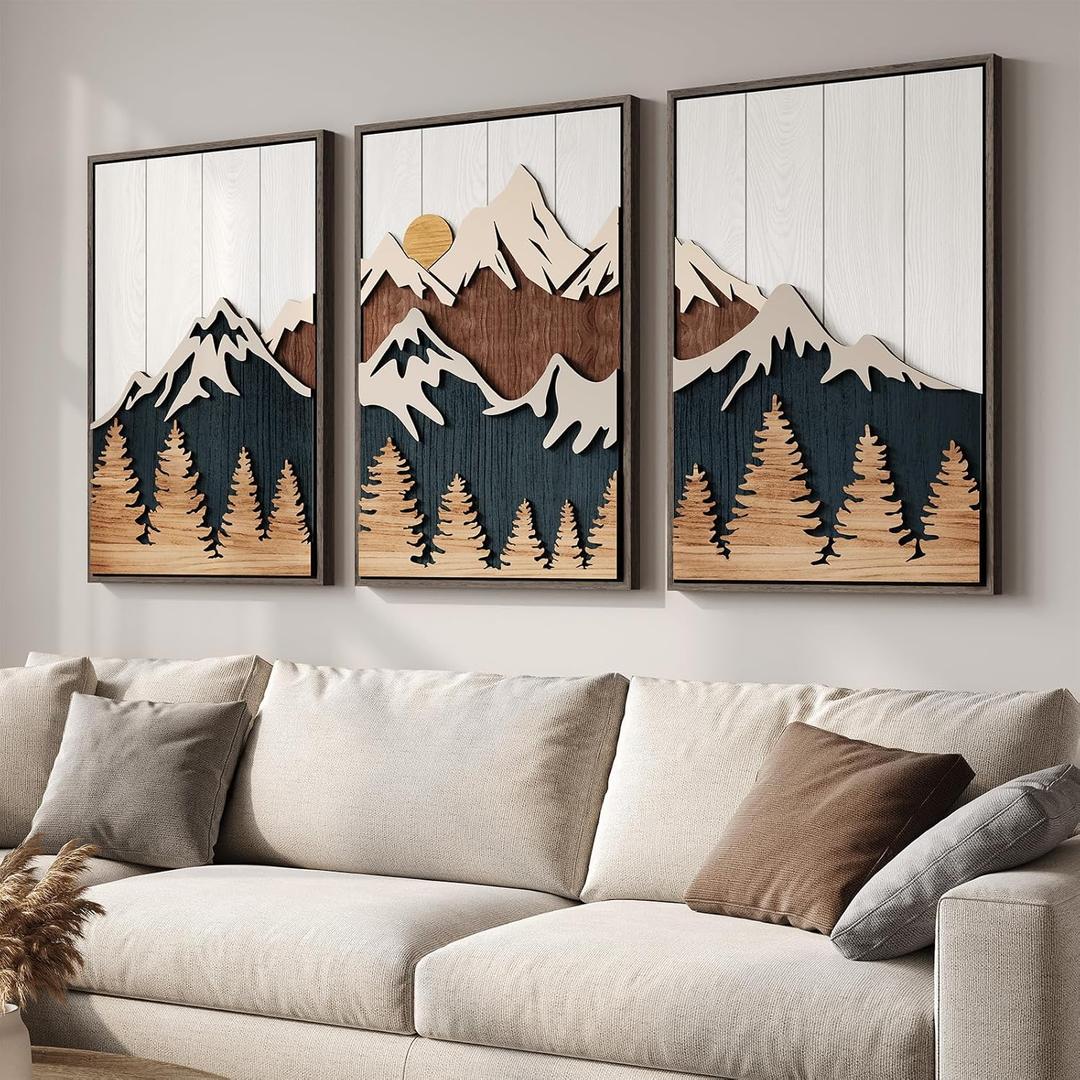 Framed Textured Wood Mountain Wall Art for Living Room, Large 3 Piece 3D Wood Farmhouse Artwork for Walls, Boho Landscape Mountain Forest Sun Wall Art Decor for Bedroom Office Hallway, 24x36 Inch (Neutral Blue White)