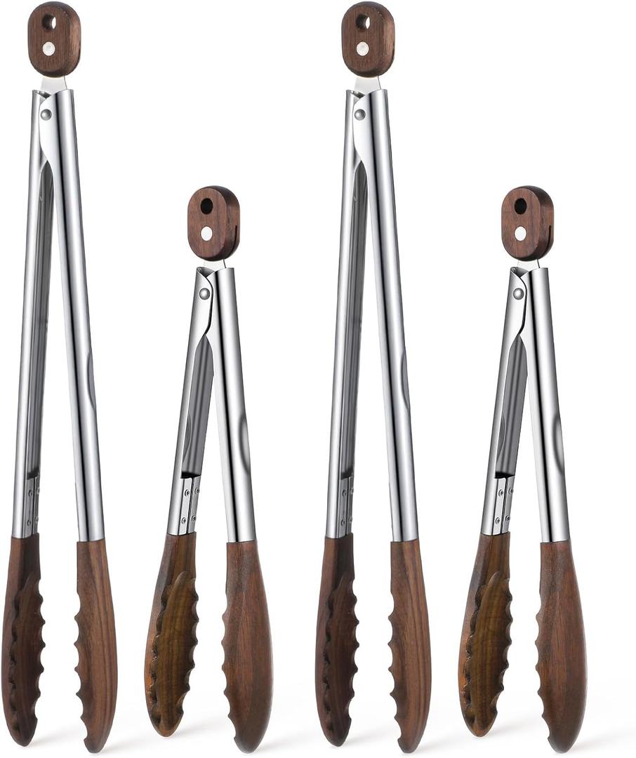 4Pcs Wooden Tongs for Cooking, Stainless Steel Salad Tong with Walnut Wood Tip, 9 Inch 12 Inch Walnut Wooden Kitchen Tongs, Anti-Slip Long Handle Wood Kitchen Utensils for Salad Tossing