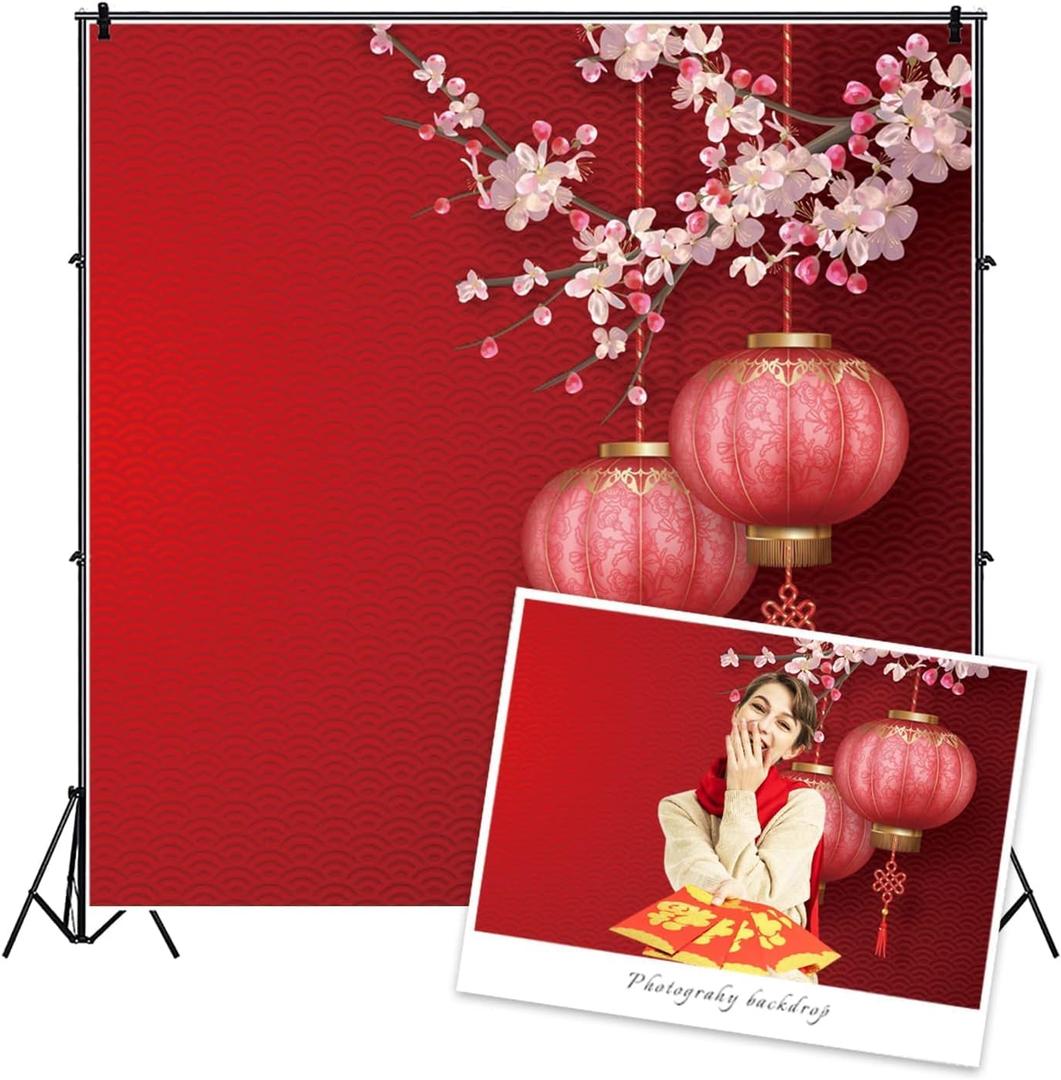 Renaiss 10x10ft Chinese New Year Backdrop Red Lantern Cherry Flower Blooming Chinese Spring Festival Traditional Photography Background New Year Eve's Party Decor Banner Photo Booth Studio Props