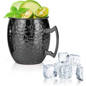 Moscow Mule Mugs, 16 OZ Black Hammered Mule Cup with 304 Stainless Steel Lining and Brass Handle, for Cold Drinks, Beer, Wine, Bars, Parties