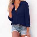 Aoudery Button Down Shirts for Women Long Sleeve Collared Blouses V Neck Work Business Office Tunic Chiffon Tops (XS)