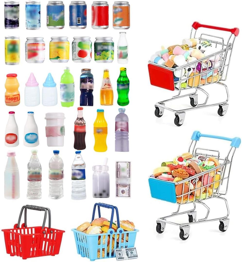 135Pcs Mini Shopping Cart Basket Miniature Food Drink Toy Supermarket Metal Handcart Dollar Bills Toys Dollhouse Store Grocery Accessories Kitchen Cosplay Play Game Party Model