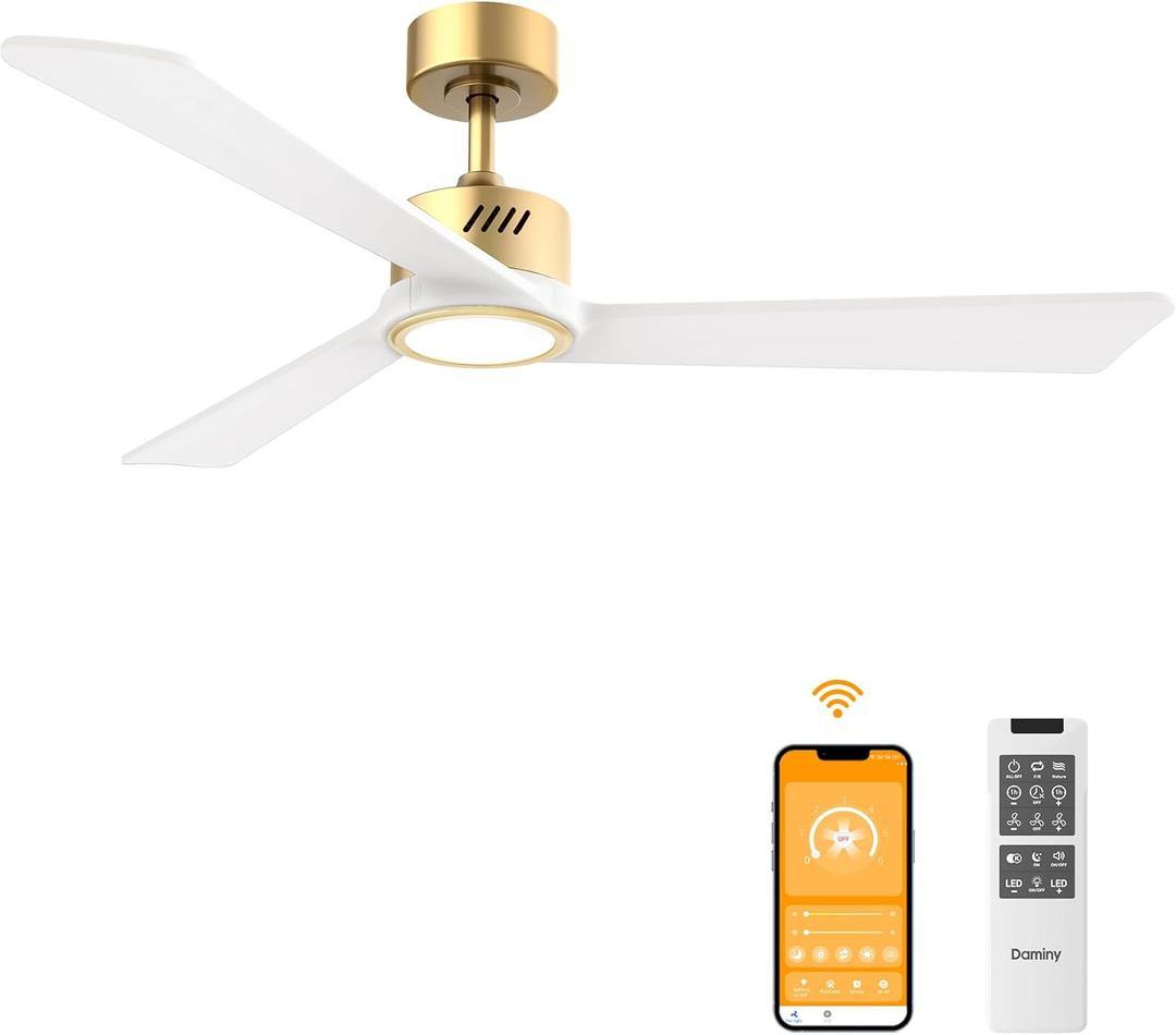 DAMINY Natural Solid Wood White and Gold 52 inch Ceiling Fan with Light,3 Blades,6CCT,Low Profile Ceiling Fan with Light and Remote Control