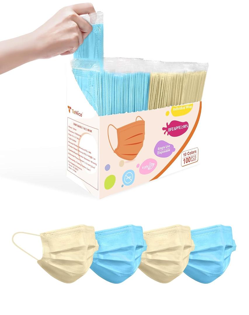 Adult Face Masks Disposable 100 Pack 2 Colors, 4 Ply ASTM Level 3