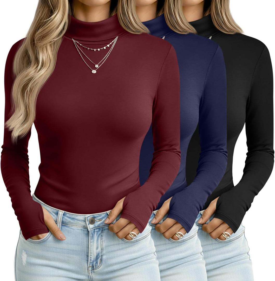 3 Pack Women's Long Sleeve Turtleneck T-Shirts, Thumbhole Slim Fit Base Layer Tops Mock Neck Thermal Underwears (Red, Navy Blue, Black)