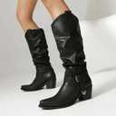 UTIKLIOU Women's Knee High Boots Wide Calf Slouchy Boots Low Heel Pull On Round Toe (6, Black-1)