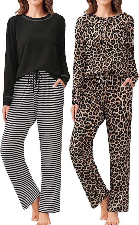 Ekouaer 2 Pack Women Pajama Long Sleeve Sleepwear Soft Loungewear Pjs Sets with Pockets Size XXL