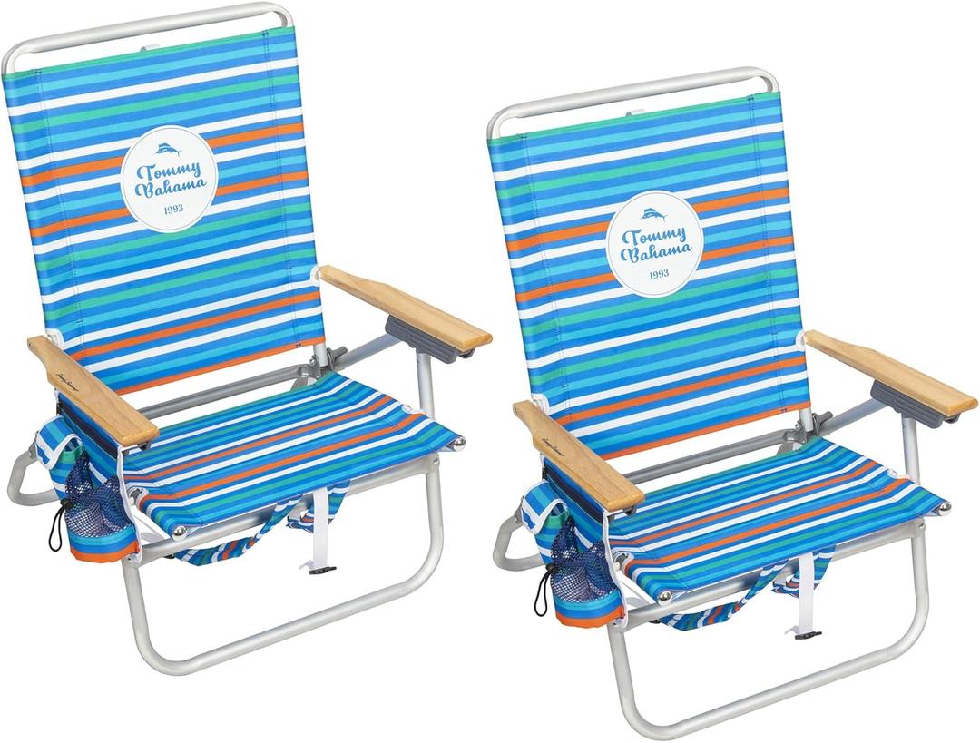 Tommy Bahama 4-Position Extended 12.8" Seat Height Easy in-Easy Out Folding Backpack Beach Chair, Logo Stripe (1-pack Logo Stripe)