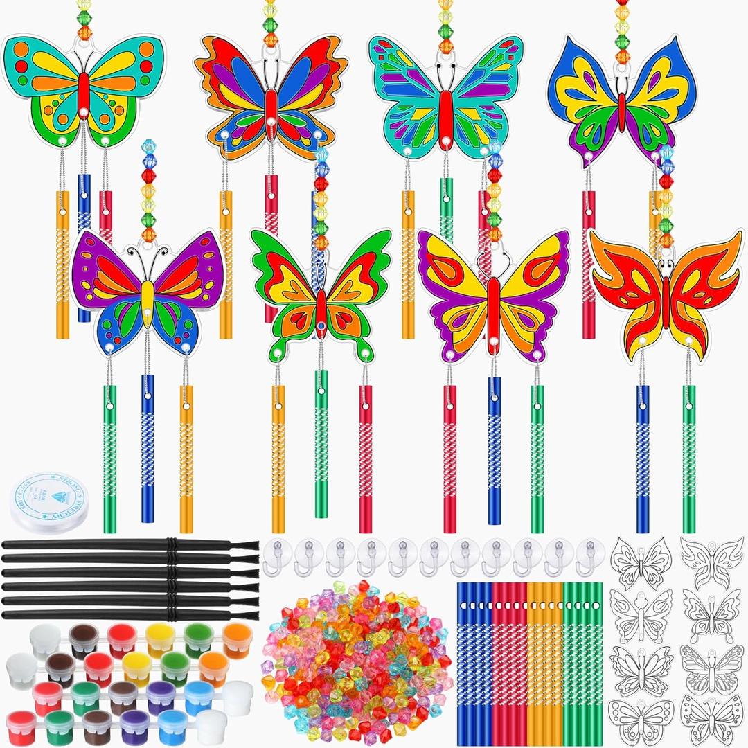 VioraWhite 24 Sets Thanksgiving Harvest Suncatchers Wind Chimes Window Art Kits, DIY Sun Catchers Wind Chimes Bulk Ornaments Painting Craft Kits for Party Activity Project Home Decor (Butterfly Style)