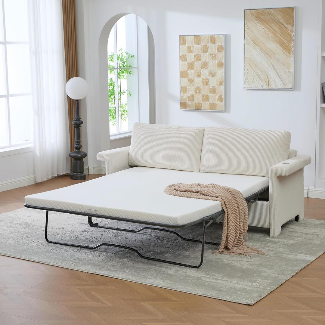 Tocsuna 2-in-1 Full Size Pull Out Sleeper Sofa Bed – Convertible Corduroy Loveseat Couch with USB Charging & Memory Foam, Double Seater Sofa for Living Room, Apartment & Small Space (Beige)