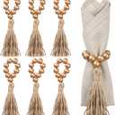 6 Pieces Wooden Bead Napkin Rings, Wooden Bead Easter Farmhouse Napkin Rings with Tassel, Natural Rustic Boho Napkins Ring for Dining Table Decor Wedding Party Thanksgiving Decoration