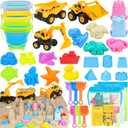 Beach Toys, Sand Toys for Kids Boys and Girls with 3 Construction Vehicles, 3 Collapsible Bucket, Sand Castle Building Kit, Sand Molds, Mesh Bag, Outdoor Toys for Kids Ages 4-8