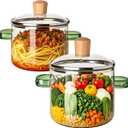 2PCS Glass Saucepan with Lid, Heat-Resistant Borosilicate Glass Simmer Pot, Durable Transparent Cooking Pot for Soup, Pasta, Noodles, Baby Food, Clear Glass Cookware Set for Stovetop (2PCS-Green)