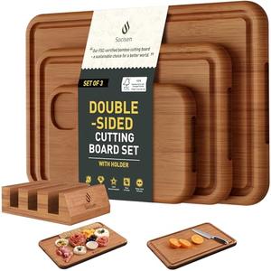 3 Packs Bamboo Cutting Board Set with Holder Nice Solid Thick Wood Deep Juice Groove & Built-in Handles Chopping Board Large Big Small Best Hardwood Kitchen Counter Organic Vegetable Meat BBQ Kit