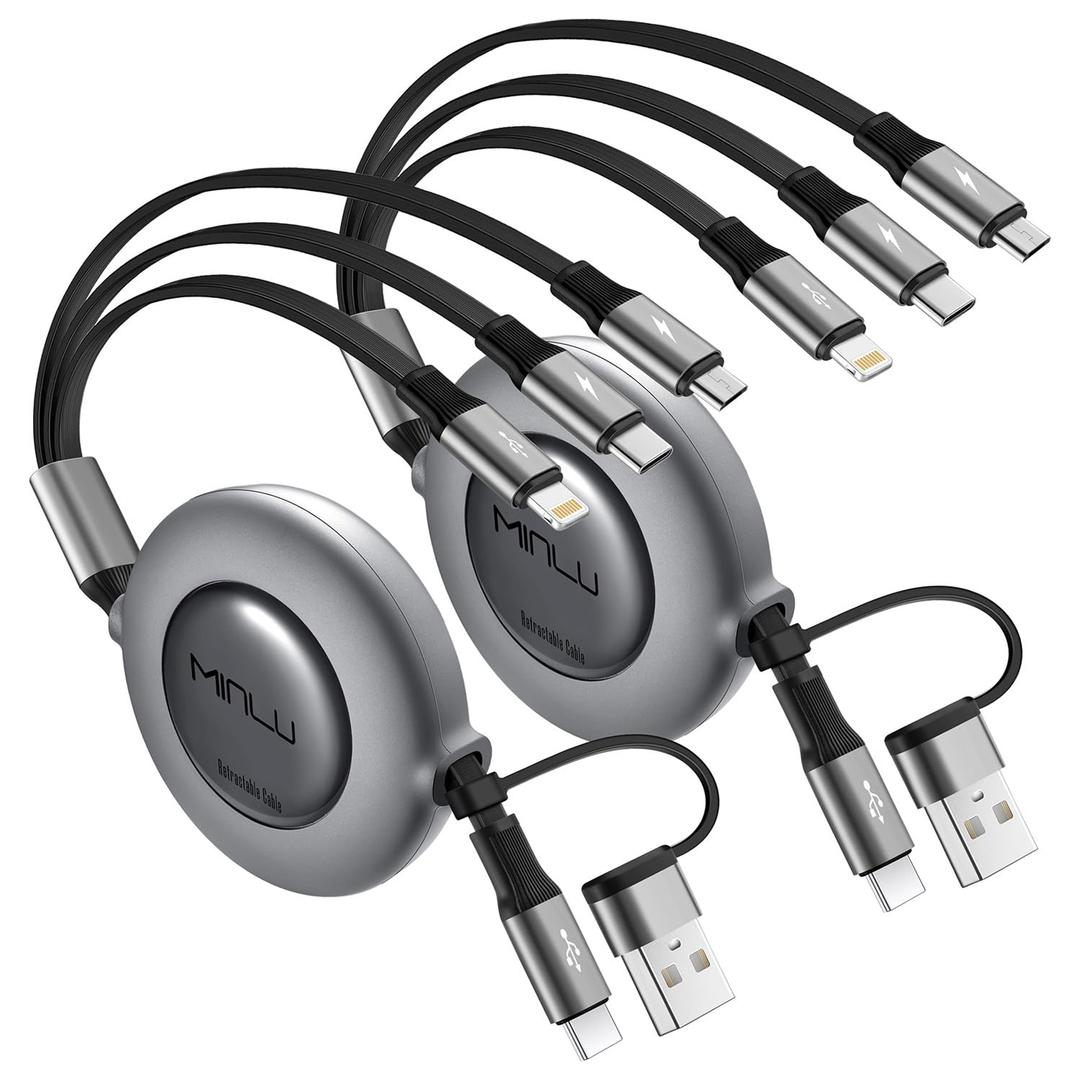 MINLU 3 in 2 Multi Charging Cable,2Pack 4Ft Retractable Chargers for All Devices,Multiple USBC Charger Cable Adapter with USB A/C to Lightning/USB C/Micro USB Port for iPhone 17/16/15/14/Samsung/PS