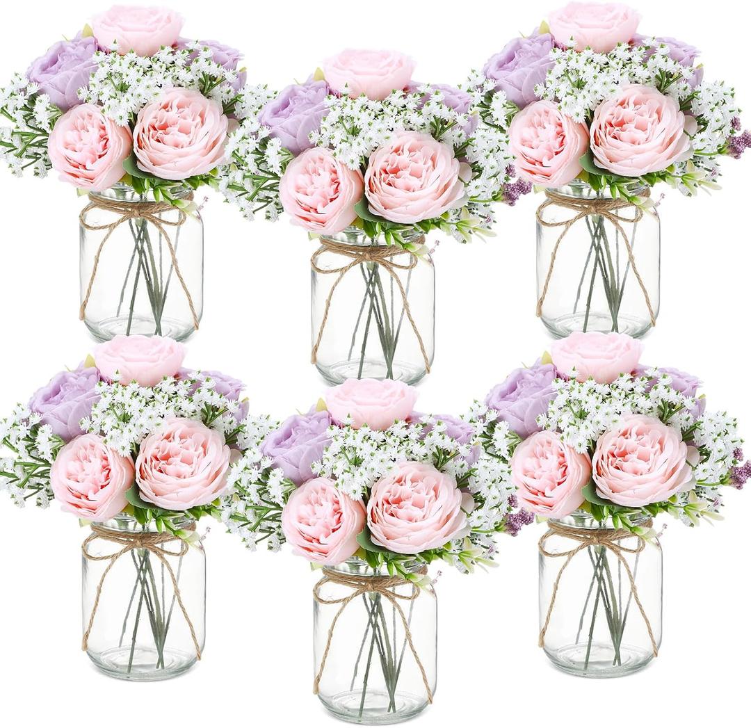 Zeyune 6 Sets Mason Jar Flowers Centerpiece Table Decorations,Purple,Pink | Faux Flowers with Vase,Artificial Peony Baby's Breath Bouquets,Farmhouse Rustic Decor,Gifts for Home Wedding Holiday