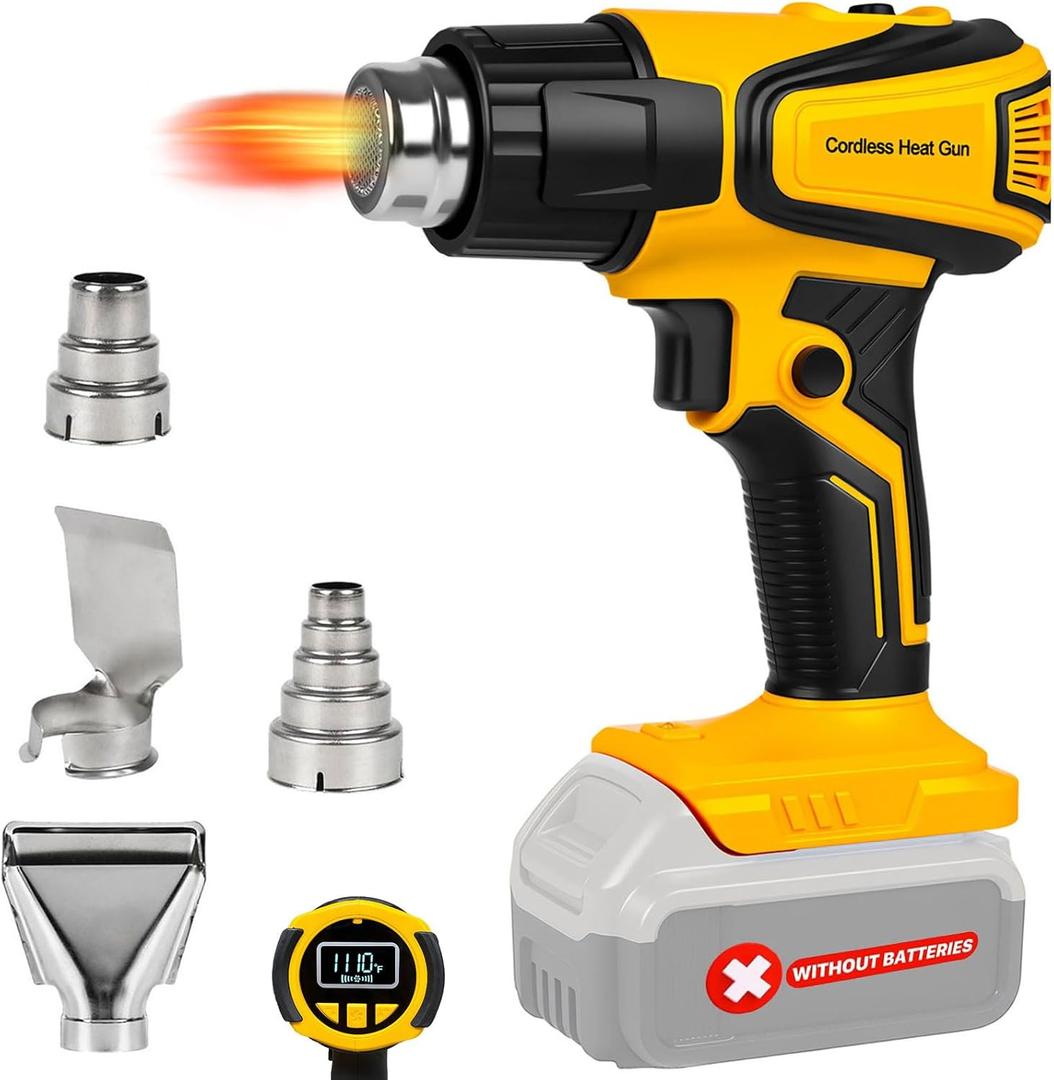 Cordless Heat Gun Compatible with Dewalt 20V Battery, LCD Display 350W 2-Temp Setting (120-1110), 4 Nozzle, Portable Hot Air Gun for Shrink Tubing, Paint Removal,DIY (Tool Only, NO Battery)