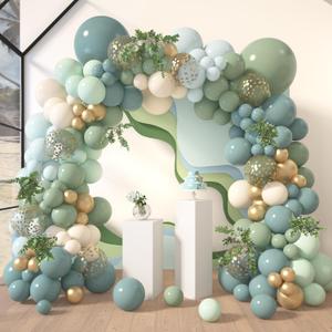 Amandir 173Pcs Dusty Blue Green Balloon Garland Arch Kit, Haze Fog Blue Ash Mist Sage Green Sand White Gold Confetti Balloons for Baby Shower Wedding Bridal Boho Birthday Party Backdrop Decorations