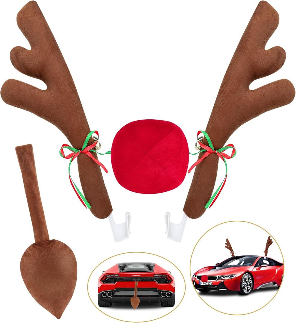 Car Reindeer Antler Kit Christmas Rudolph Auto Decorations, Rudolph Auto Accessories with Tail, Nose - Add Holiday Spirit