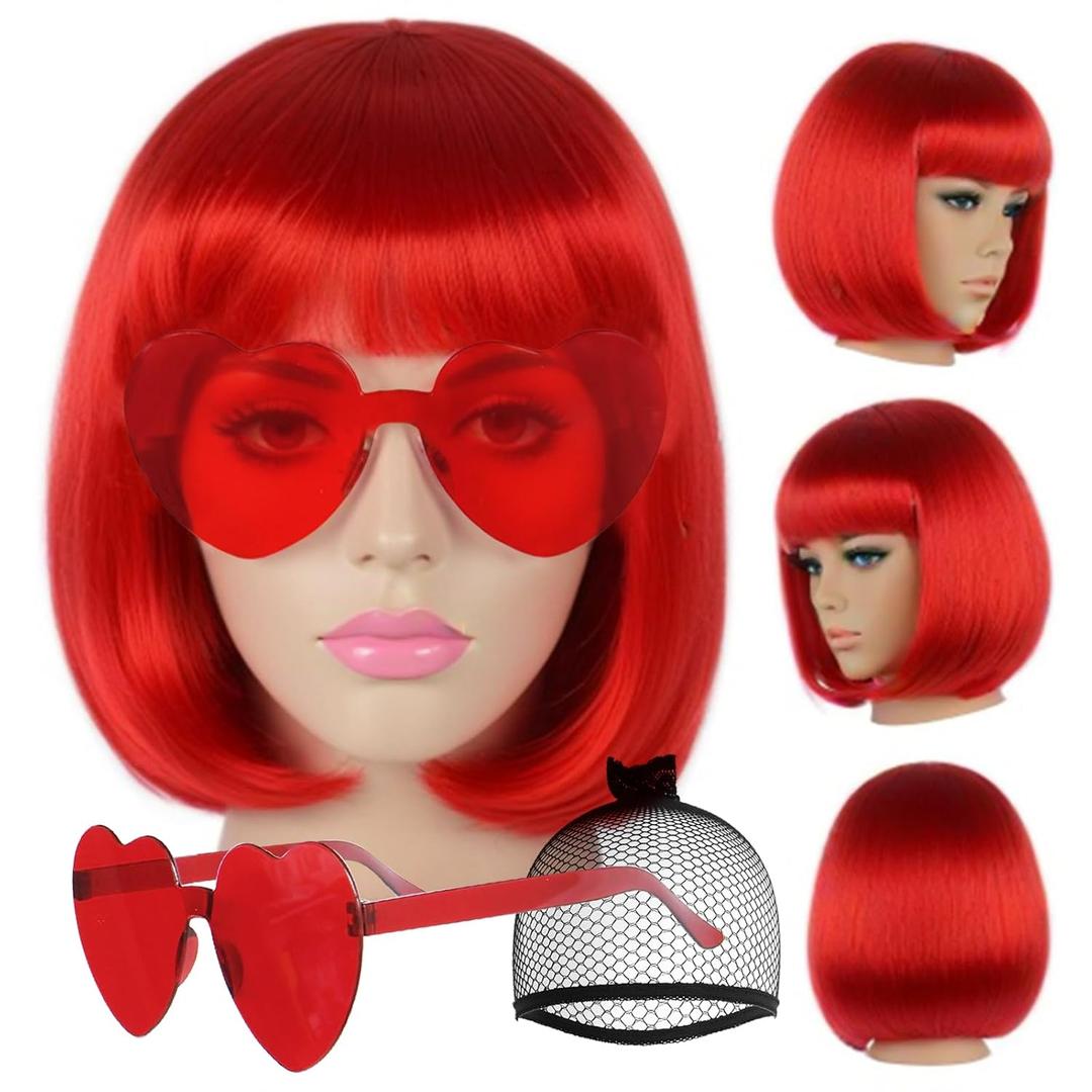 JoneTing Red Bob Wig+Hair Cap+ Sunglasses Straight Red Bob Wig with Flat Bangs Short Straight Reddish Wig Short Reddish Cosplay Wigs for Halloween Christmas Party Costume Outfit