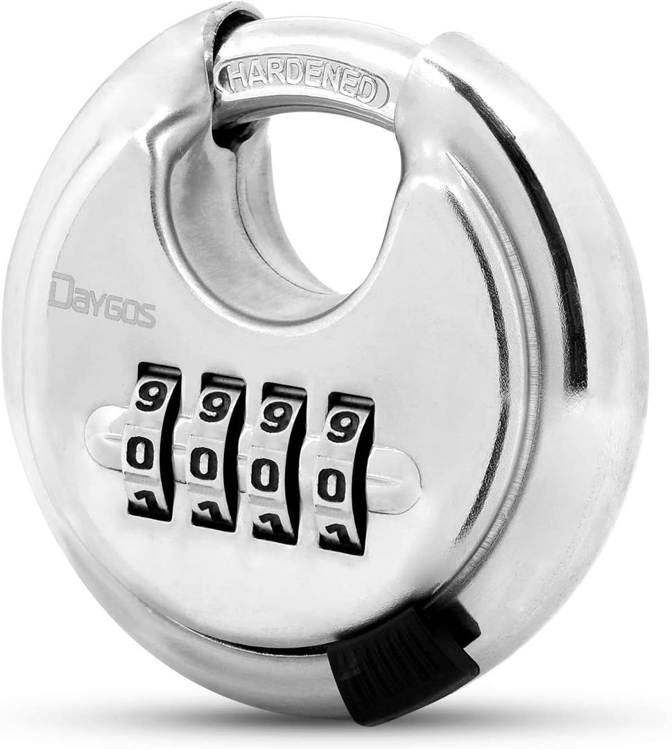 DAYGOS 4 Digit Combination Disc Padlock with Hardened Steel Keyless Heavy Duty Combo Lock for Sheds,Fence,Storage Unit,Trailer,Moving Cube(3/8-in Shackle) (Silver)