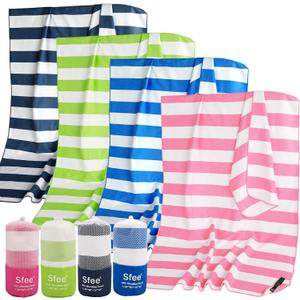Sfee 2 in 1 Microfiber Beach Towel, Quick Dry Towel Camping Towel Travel Towel Super Absorbent Compact Lightweight Sports Gym Towels Set for Beach, Gym, Hiking, Pool, Backpacking, Bath, Yoga (Pink Stripe)