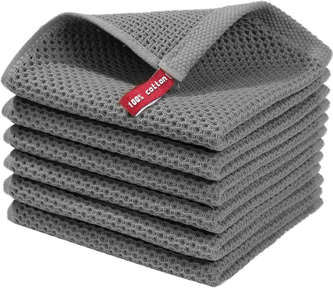 6 Pack 100% Cotton Kitchen Dish Cloths, Waffle Weave Ultra Soft Absorbent Dish Towels, 12 x 12 Inches Kitchen Towels for Drying Dishes, Gray