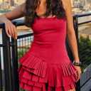 Wenrine Womens Summer Tank Dress Casual Sleeveless Square Neck Tiered Layered Ruffle Slim Club Party Mini Dresses