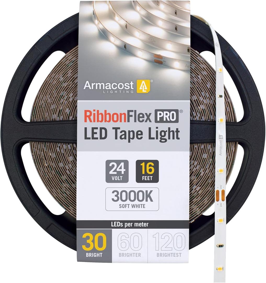 Armacost Lighting RibbonFlex Pro 24V White LED Strip Lights 30 LED/m, 3000K, 16.4 ft 144230