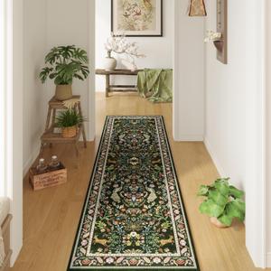 Runner Rug Washable Kitchen 2'x6' Floral Non-Slip for Entryway Indoor Soft Carpet Runner for Hallways, Kitchen, Laundry, Bedroom, Bathroom (Emerald Green)