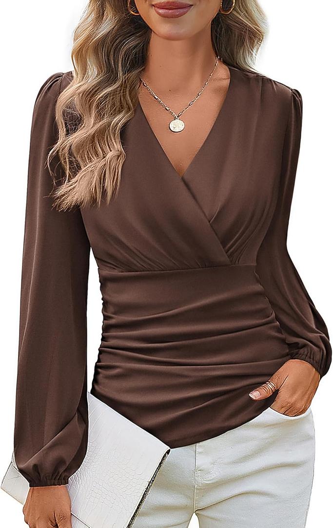 GRACE KARIN Long Sleeve Blouses for Women Dressy Casual, Wrap Tops Work Shirts, 2026 Summer Business Outfits (XX-Large, Coffee)
