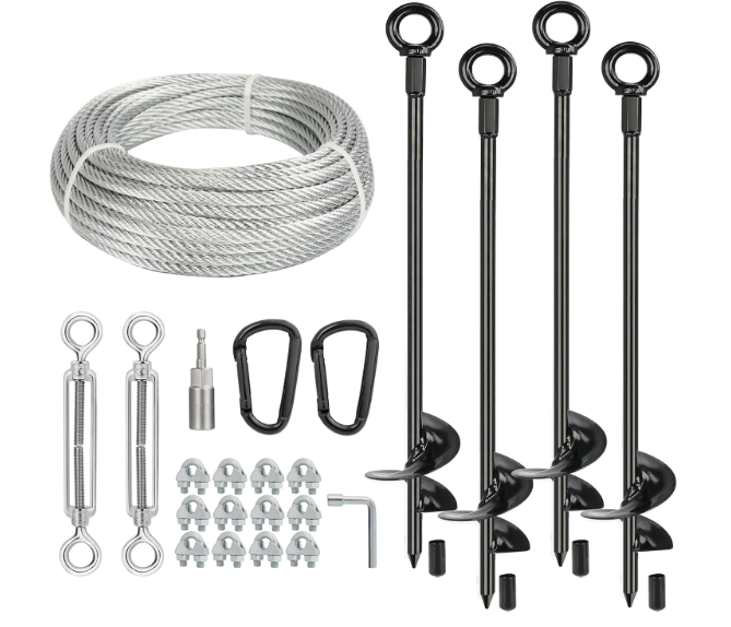4 Pcs 30" Long Ground Anchors Shed Anchors Kit with 3/16" Galvanized Cable & Turnbuckles & Carabiners, Heavy Duty Earth Anchors for Sheds Trees Trampoline Greenhouse Swing Set Tent