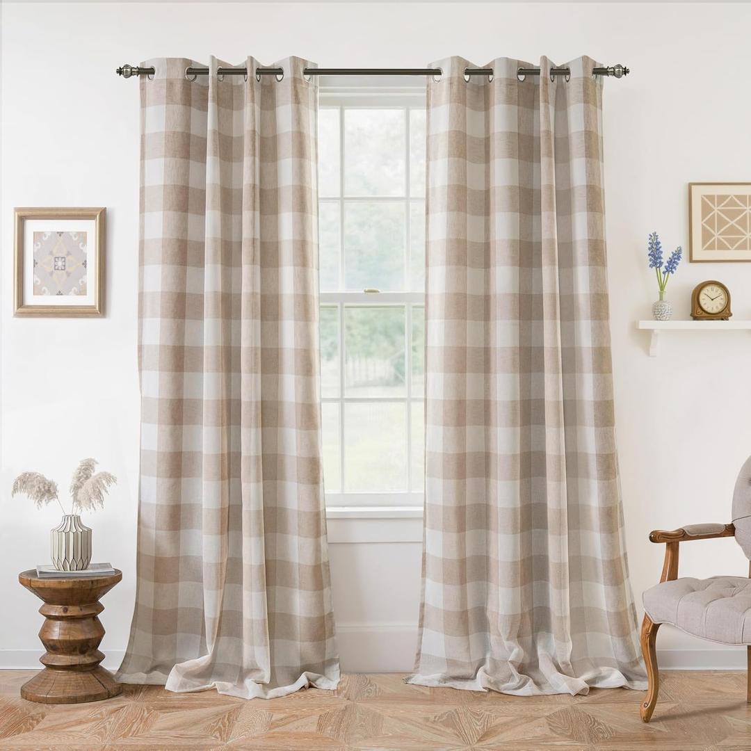 DriftAway Buffalo Plaid Check Curtains Woven Plaid Pattern Lined Blackout Thermal Insulated Window Curtain Grommet 2 Layers 2 Panels 52 Inch by 96 Inch Taupe