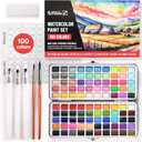 Watercolor Paint Set with 100 Bright Colors: for Adult Beginners & Professional with Metallic - Travel Sized Water Color Art Kit Palette