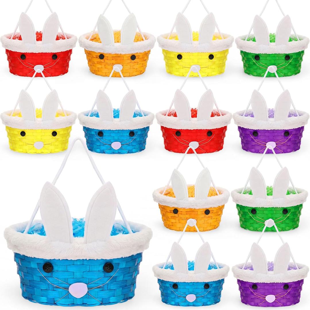 Didaey 12 Pcs Wicker Easter Basket with Rope Handles Woven Bamboo Easter Basket with Grass Raffia Filler Cute Rabbit Picnic Hamper for Egg Hunt Party Gifts (Rainbow)