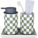 Bathroom Toothbrush Holder Set, Ceramic Soap Dispenser and Tooth Brush Holder Set, Modern Bathroom Accessories Sets Countertop, Checkered Bathroom Decor, Sage Green Bathrooms Decorative