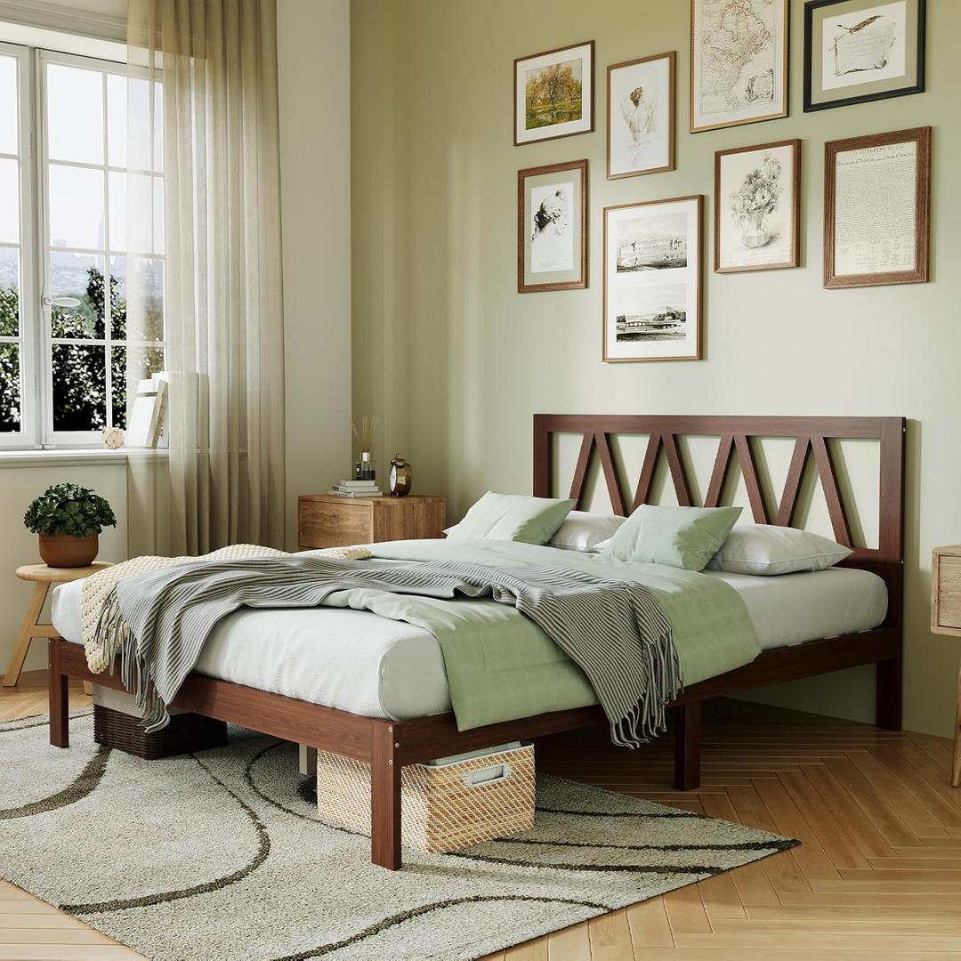 Novilla 12 Inch Queen Bed Frame with Headboard Bed Frame Queen Size Solid Wooden Bed Frames Foundation with Wood Slat Support, No Box Spring Needed, Easy Assembly, Walnut