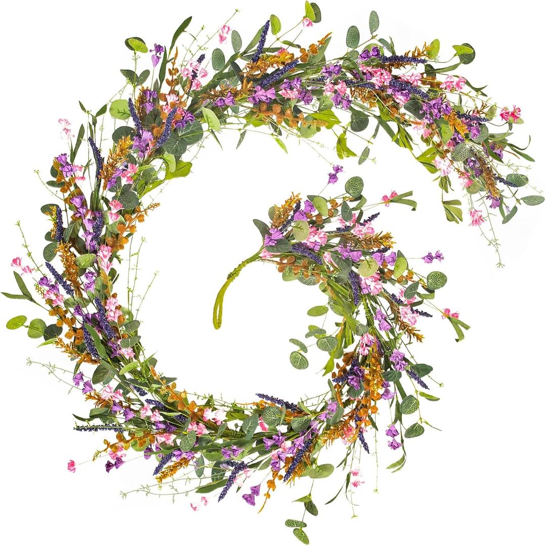 HOHOTIME 6FT Lavender Flowers Garland with Wildflower, Purple Pink Floral Eucalyptus Vine, Artificial Summer Spring Garland for Mantle Wedding Arch Porch Window Indoor Decor Home Decoration