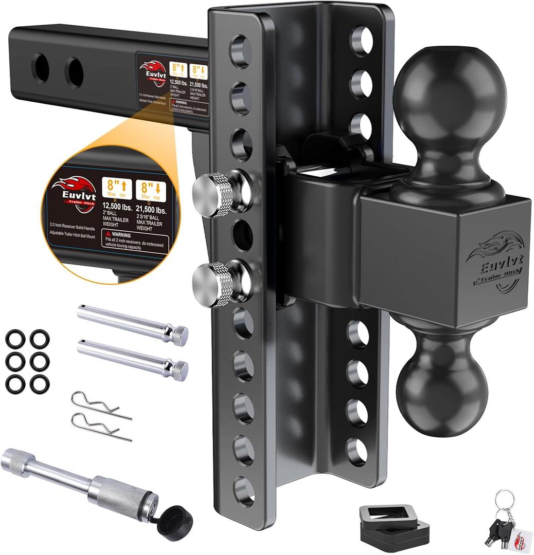 Adjustable Trailer Hitch -Drop Hitch (Fits 2-Inch Receiver) -8" Drop/Rise Tow Hitch, 2" & 2-5/16" Ball Hitches for Trucks -21,500 GTW Hitch Ball Mount with Anti-Theft Locking Hitch Pins (Black)