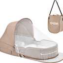 omzer Baby Travel Bassinet Portable - Foldable Carry Bag Bassinet Anti-Pressure Baby Co-Sleeping Bed Lightweight Infant Travel Bed with 2-1 Mosquito & Canopy Beige