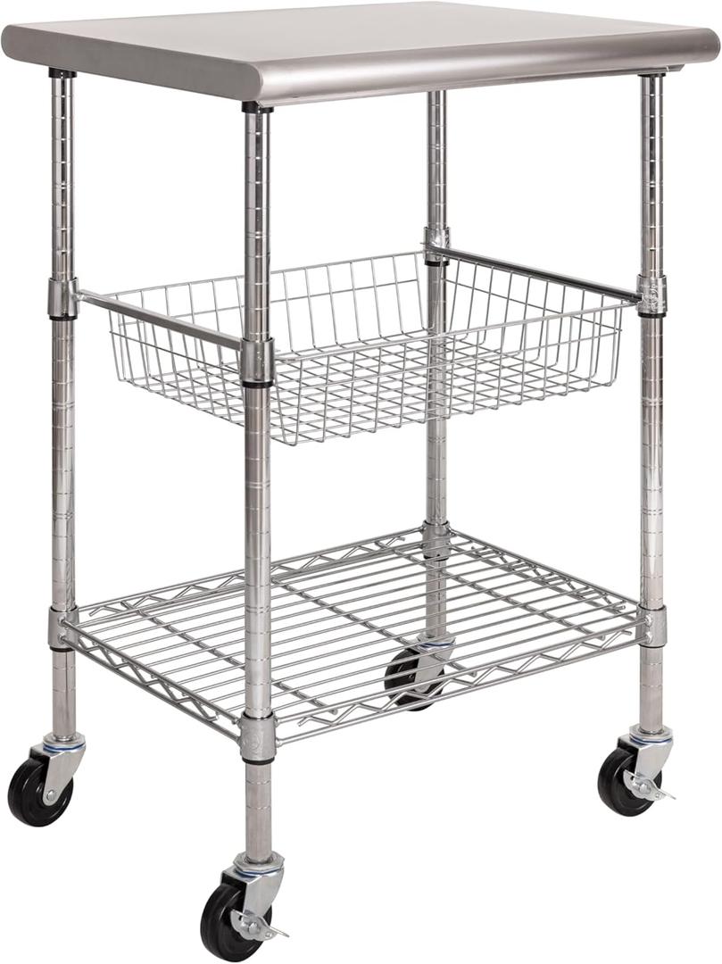 Seville Classics Commercial Work Table Island Utility Cart Prep Station, for Restaurant, Kitchen, Warehouse, Garage, Hotel, Home, Stainless-Steel Top NSF , 24" W x 20" D, 24" W X 20" D X 36" H
