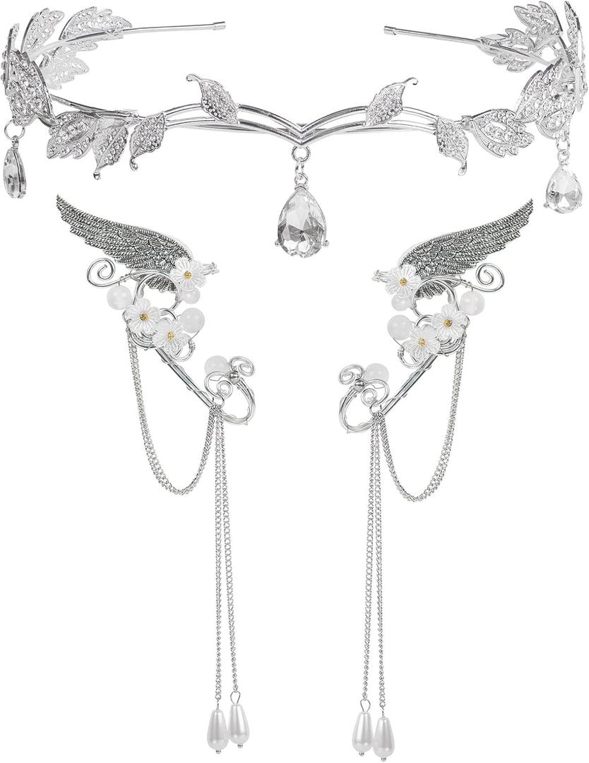 Elf Ears and Crown Fairy Ear Cuffs Headpiece Reneaissance Elven Tiara Jewelry Set (silver)