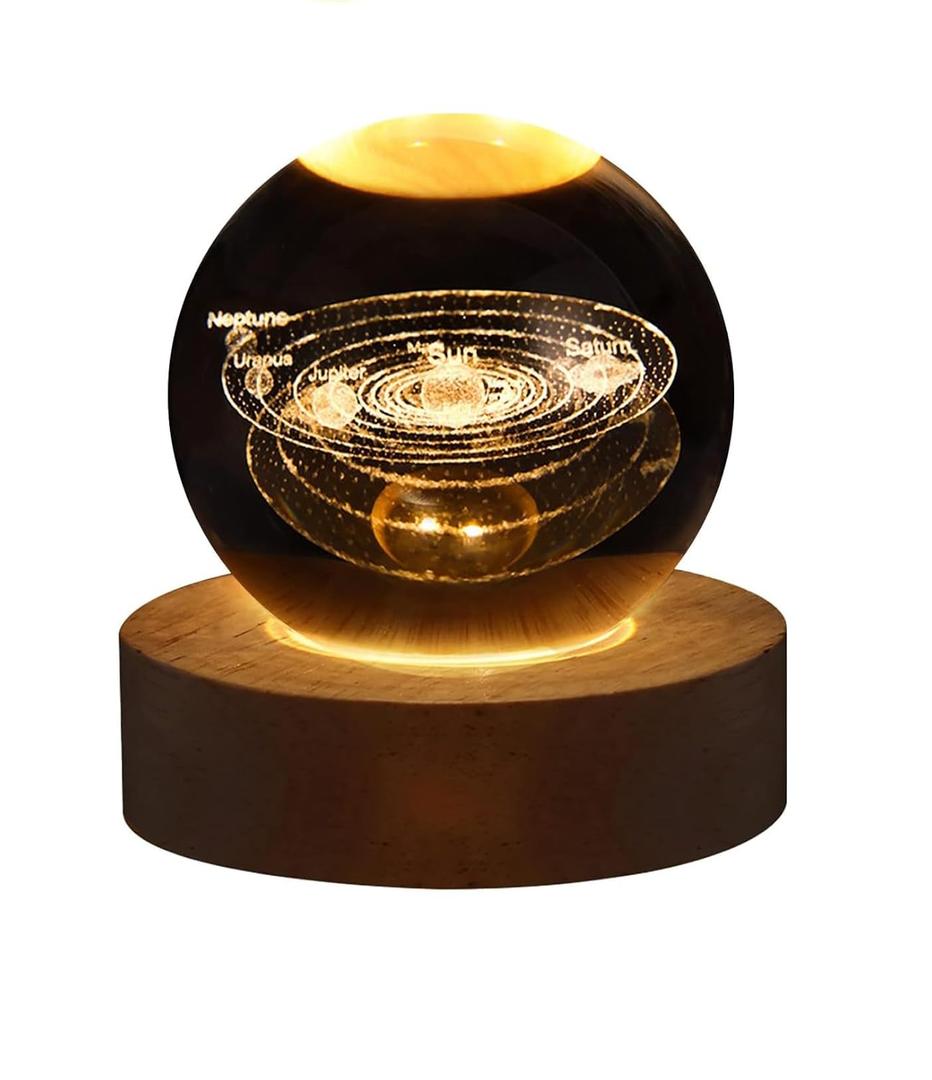 Roktry 3D Solar System Crystal Ball lamp,Glass Ball Solar System Night Light,Planets Sphere Galaxy Glass Ball Planet Laser Engraving Holographic Light Solar System lamp with Wooden Base Stand