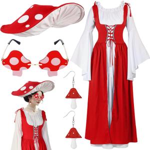 Zoooyawn Renaissance Mushroom Medieval Costume with Hat Sunglasses Dangle Earrings Women Victorian Fairy Dress Cosplay (2XL-3XL)