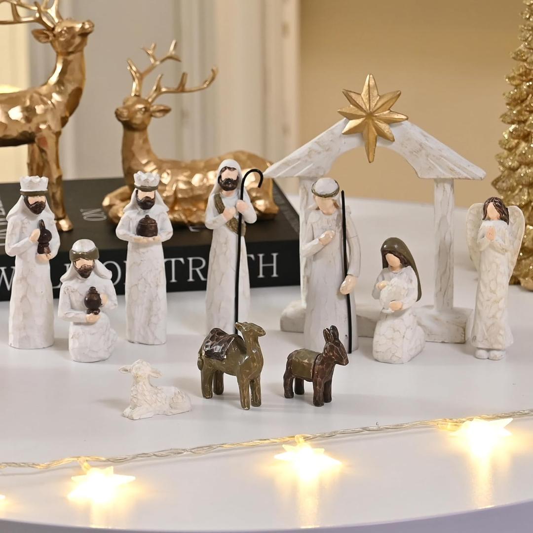 White Nativity Set, Resin Small Christmas Nativity Figurine, 11Pcs Miniature Nativity Scene, Holy Family Manger Scene Tabletop Nativity Figurines for Christmas Indoor Decor