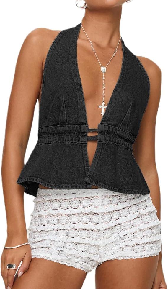 Women Sexy Backless Denim Vest Deep V Neck Sleeveless Tie Up Ruffle Hem Halter Jean Vest Slim Fitted Crop Top XL