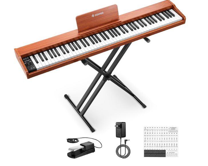 Donner DEP-1S Piano Keyboard 88 Keys, Beginner Digital Piano with 88 Key Velocity-Sensitive Keyboard, Record, Bluetooth, Chord, Bundle With Piano Stand, Piano Stickers, Sustain Pedal, Retro Wood Color
